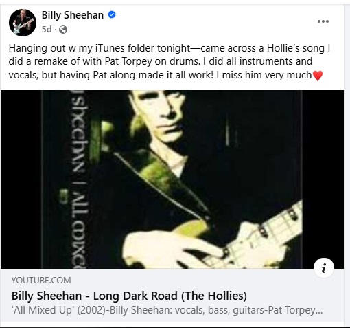 Billy Sheehan shares on social media about a song that made him remembers the late Pat Torpey.
